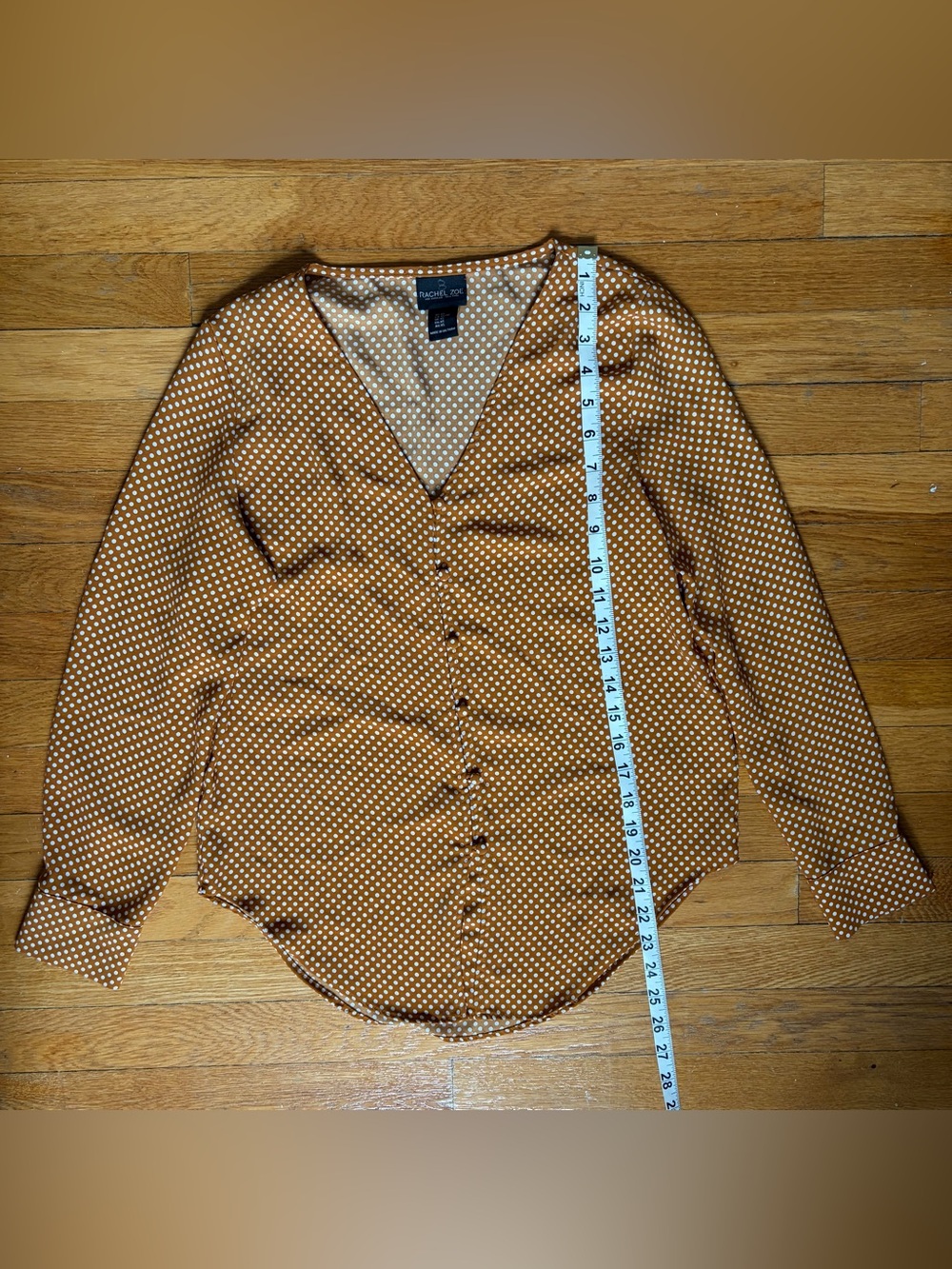 Rachel Zoe long sleeve camel brown top with polka dots + covered buttons Small
